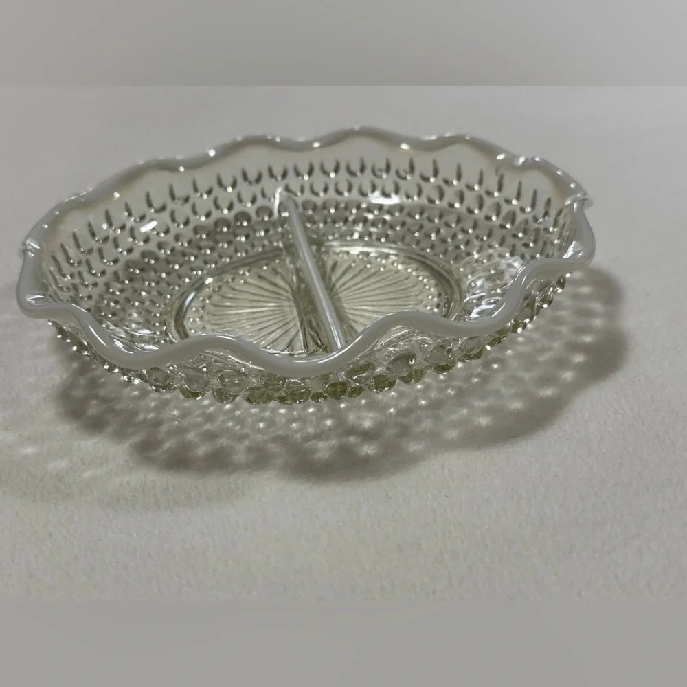 Vintage Fenton Moonstone Opalescent Hobnail 7 1/2” Divided Dish With Ruffle Rim